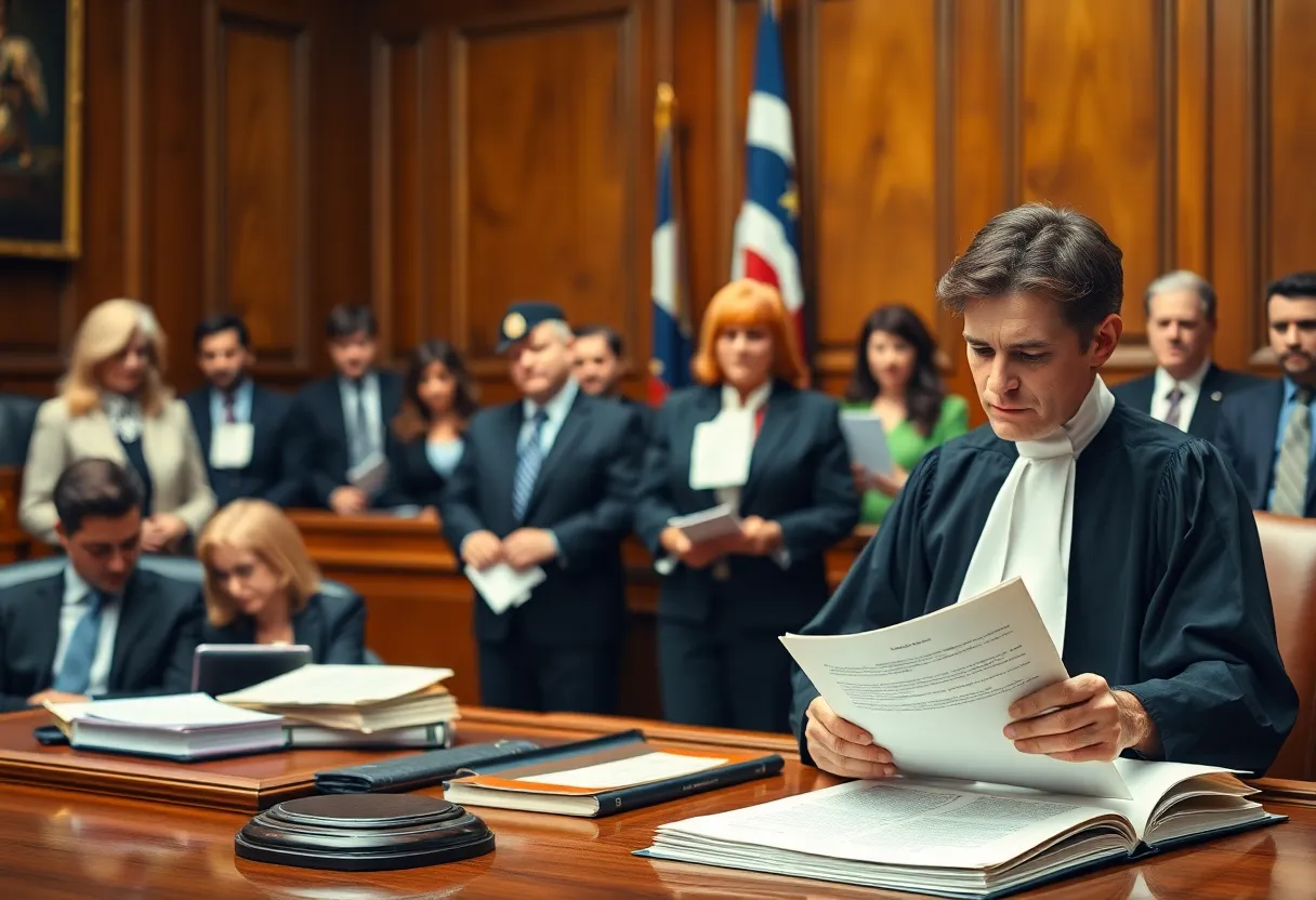 Courtroom scene with a judge and lawmakers discussing legislative bills