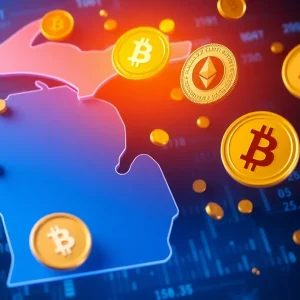 Visual representation of Michigan's cryptocurrency initiative with Bitcoin and digital coins.