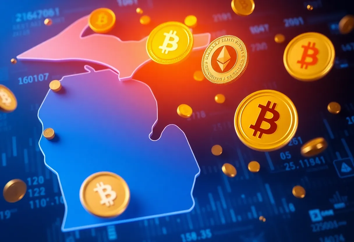 Visual representation of Michigan's cryptocurrency initiative with Bitcoin and digital coins.