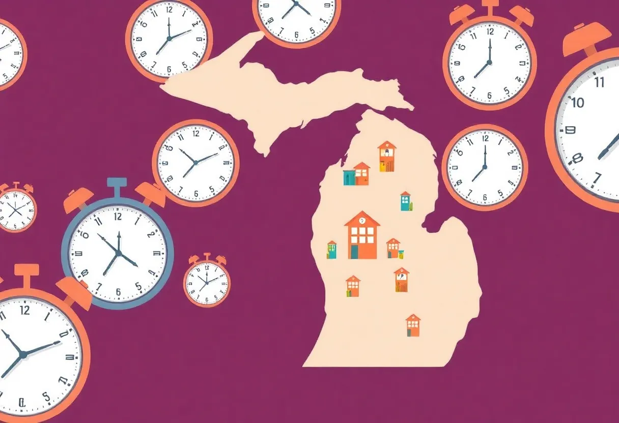 Map of Michigan with icons representing small businesses and clocks