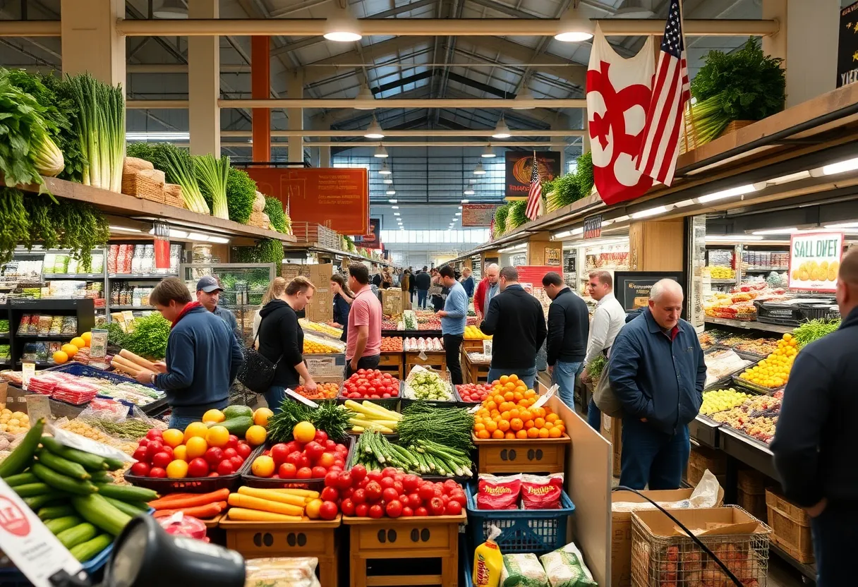 Market scene in Michigan showing local produce amid tariff concerns