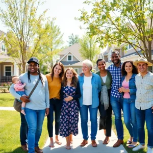 Families celebrating homeownership in a suburban neighborhood