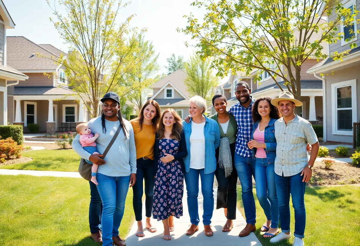 Families celebrating homeownership in a suburban neighborhood