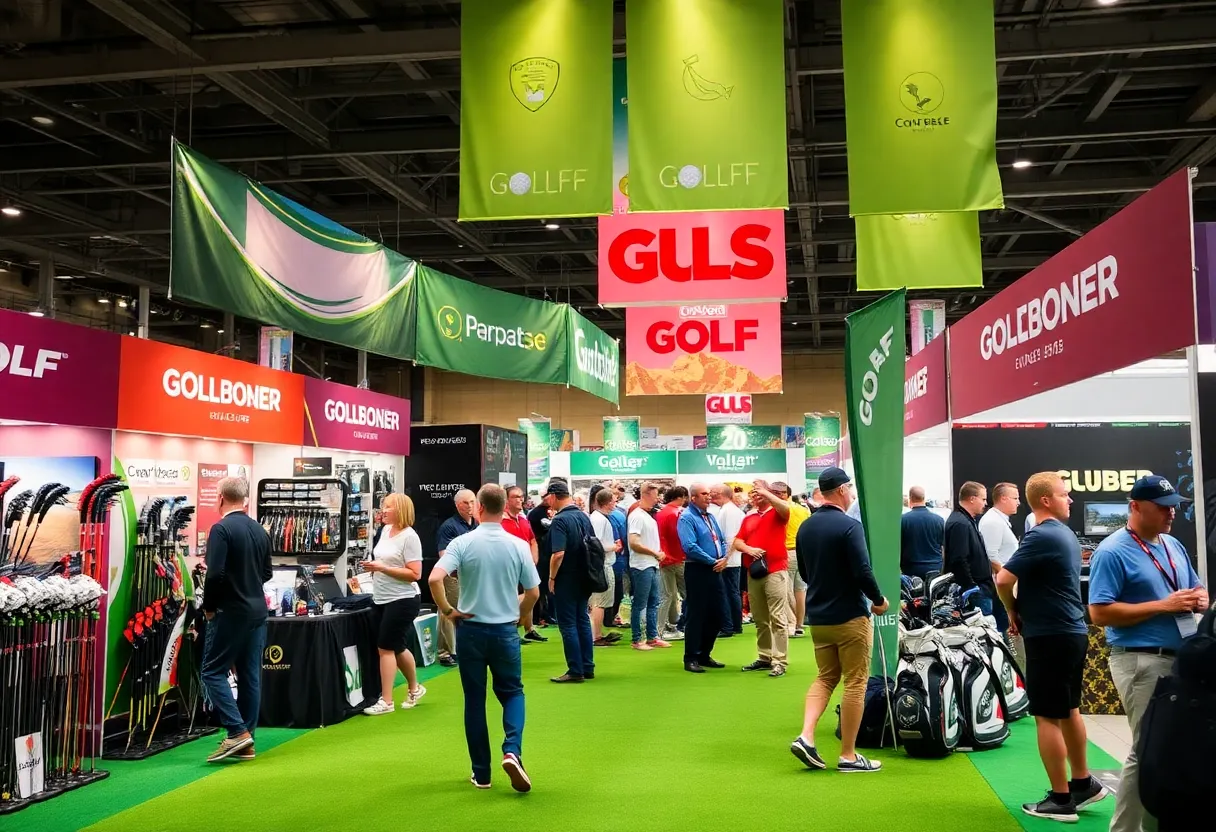 Vibrant scene of the Michigan Golf Show with exhibitors and attendees.