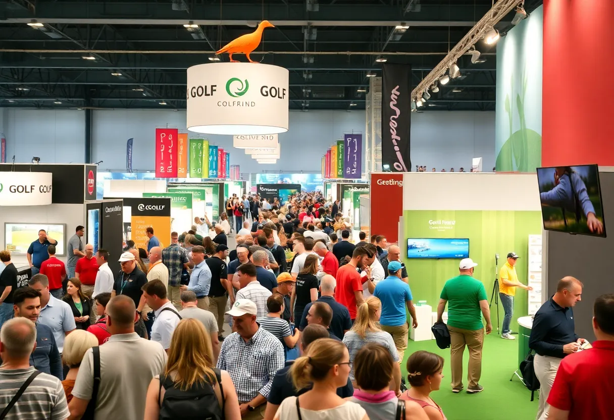 Attendees at the Michigan Golf Show exploring exhibition booths and competitions.