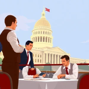 Workers discussing tipped wage legislation at a restaurant table near the Michigan State Capitol.