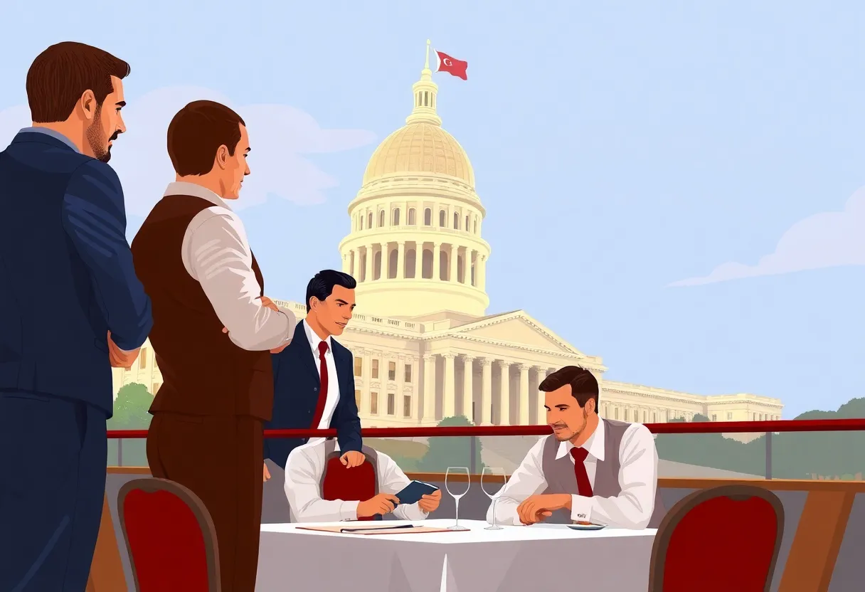 Workers discussing tipped wage legislation at a restaurant table near the Michigan State Capitol.