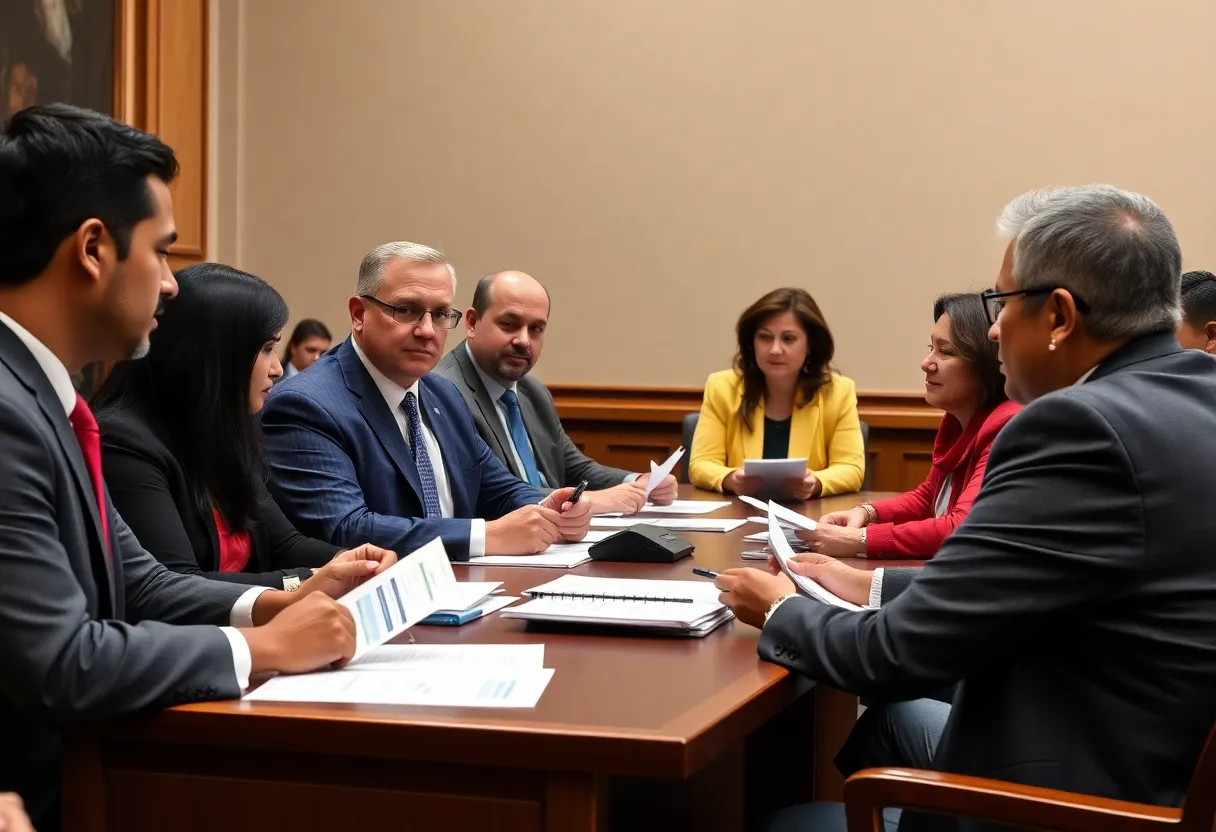 A diverse group of lawmakers in discussion focused on economic transparency.