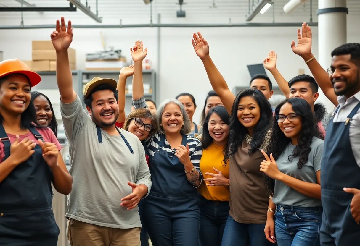 Diverse group of workers celebrating new minimum wage laws in Michigan