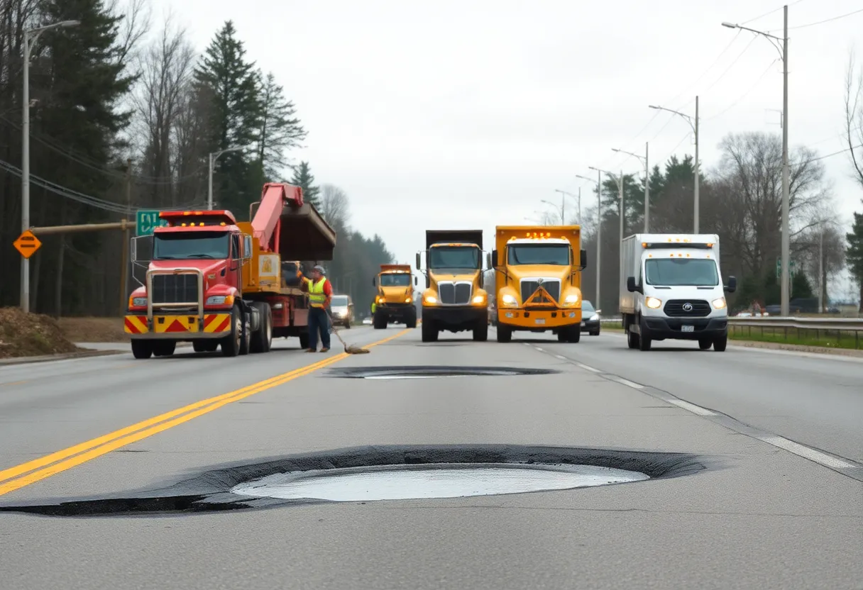 Construction workers repairing a road in Michigan