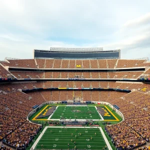 Aerial view of Michigan Stadium filled with fans during a game.