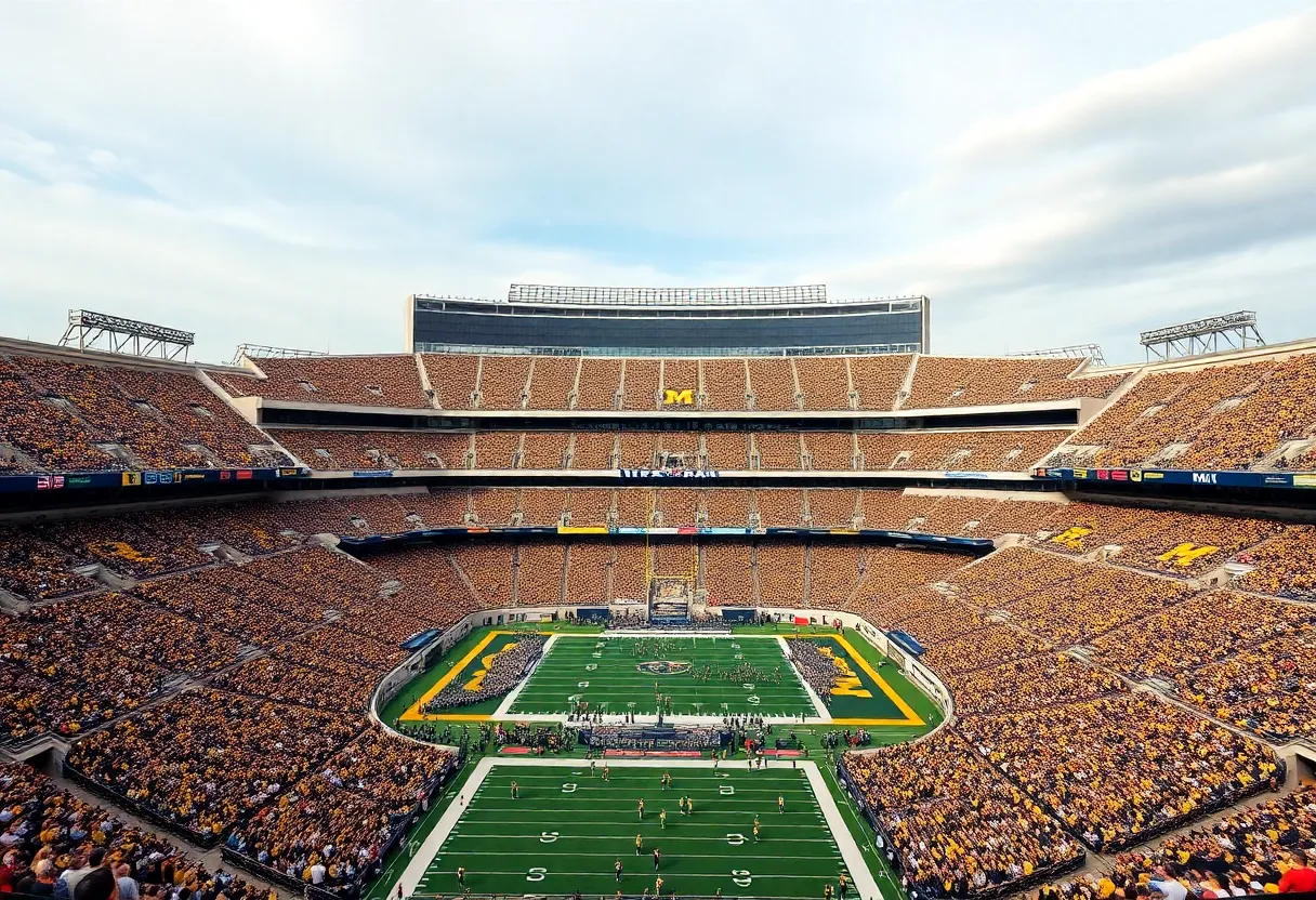 Aerial view of Michigan Stadium filled with fans during a game.