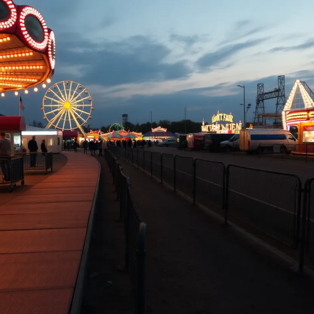 View of a quiet fairground with empty rides symbolizing loss and mourning.