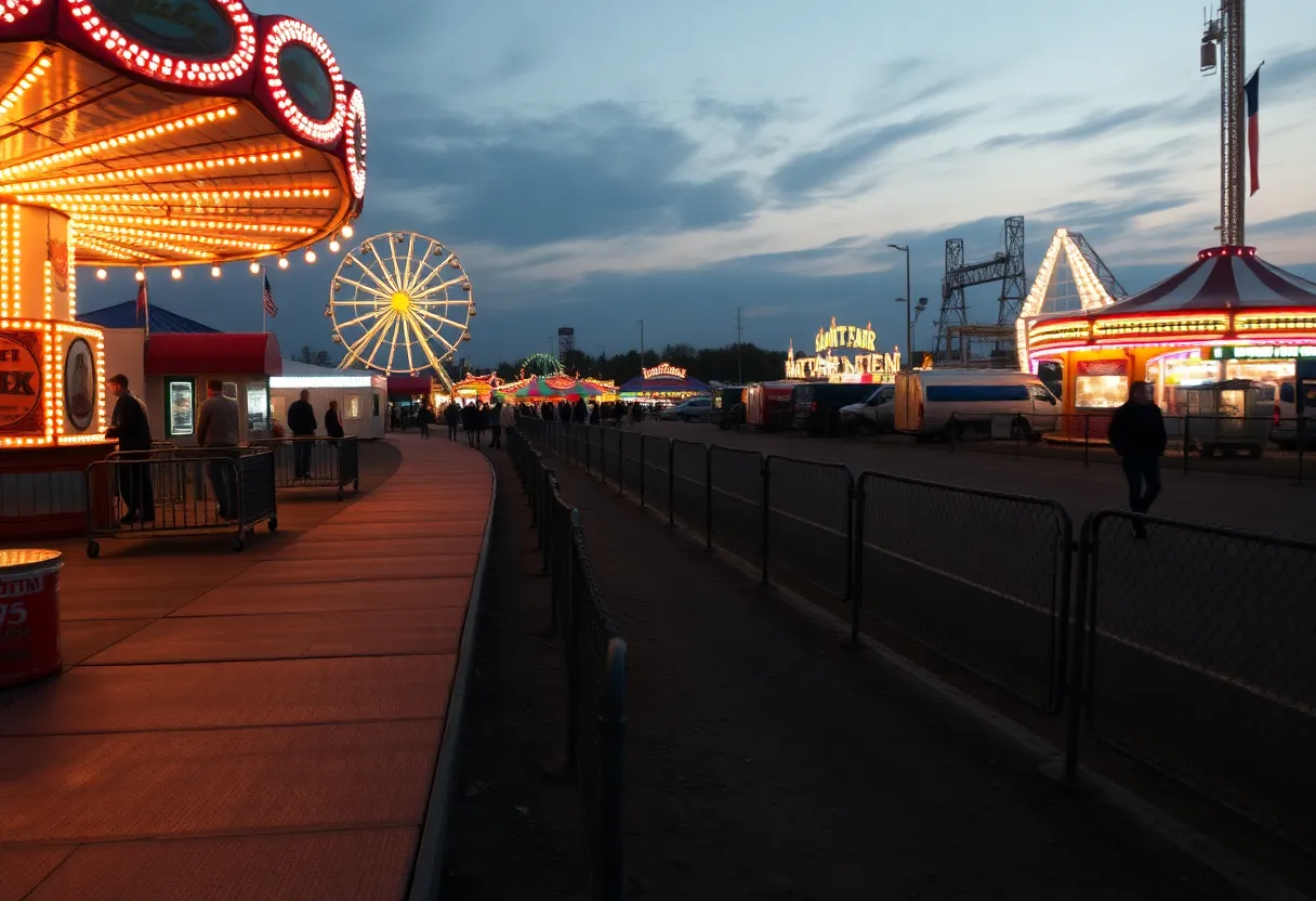 View of a quiet fairground with empty rides symbolizing loss and mourning.