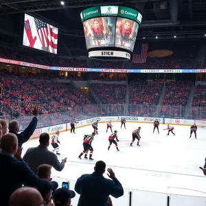 Michigan State hockey team competing in the Duel in the D