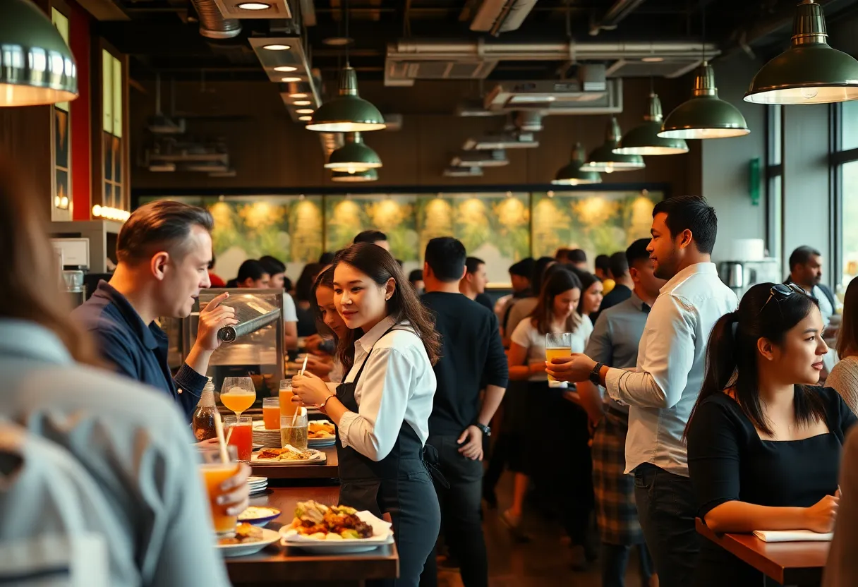 Waitstaff serving in a bustling restaurant environment