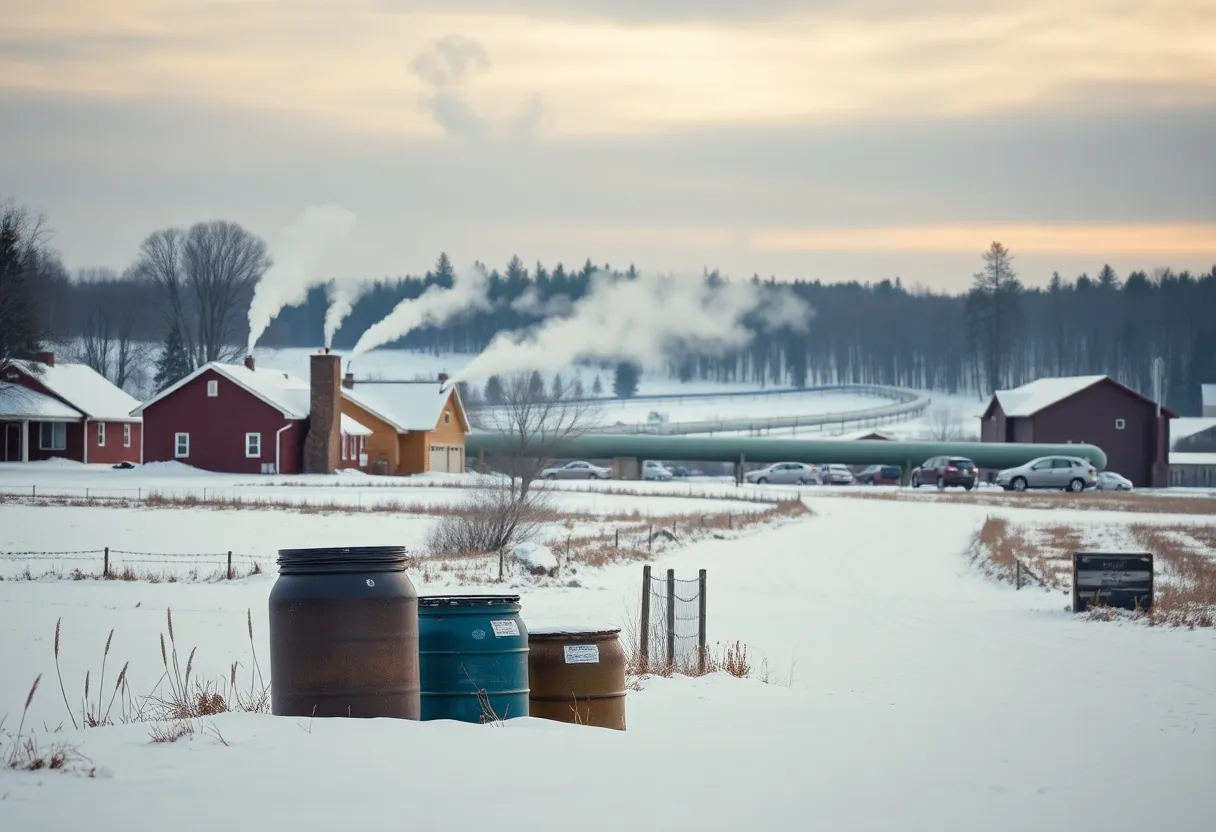 Winter landscape in Michigan showing homes and propane supplies