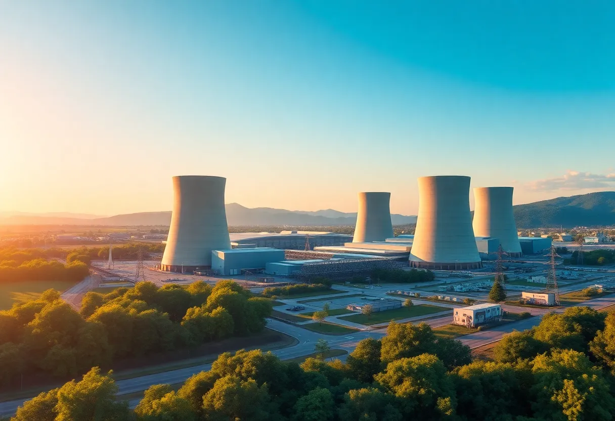 Nuclear power plant showcasing advanced technology and eco-friendly landscape.