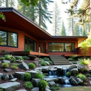 Exterior view of a mid-century modern home with garden