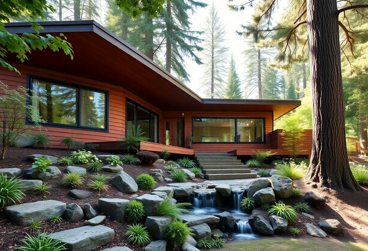 Exterior view of a mid-century modern home with garden