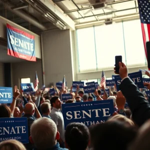 Political rally for a Senate candidate with supporters and banners