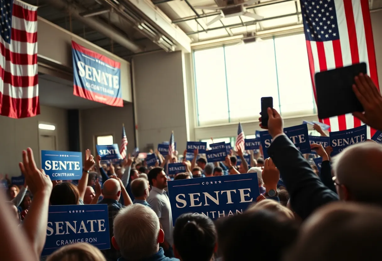Political rally for a Senate candidate with supporters and banners