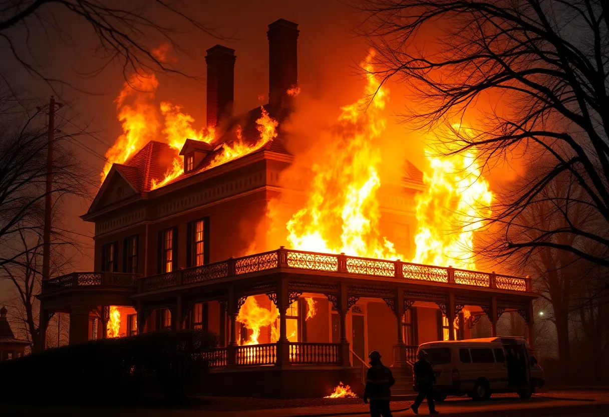 Firefighters battling flames at the Mirton Briggs House