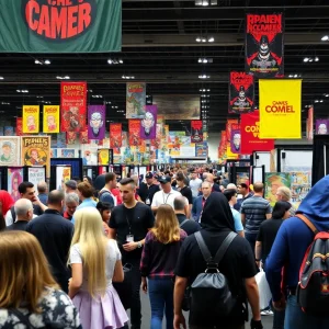 A dynamic view of a comic convention with fans and vendors