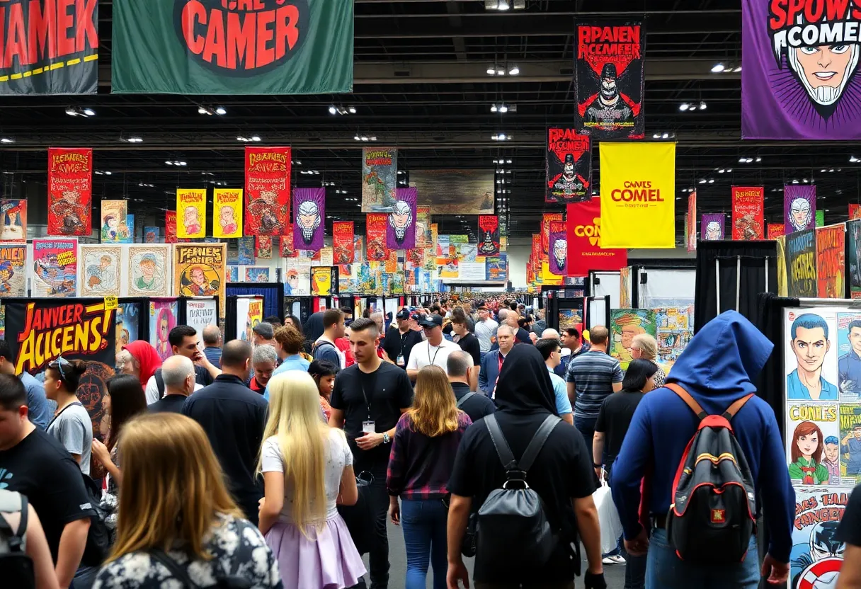 A dynamic view of a comic convention with fans and vendors
