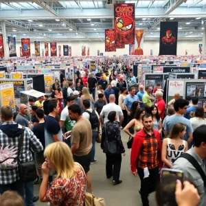 A vibrant scene from Motor City Comic Con showcasing attendees in costumes and vendor booths.