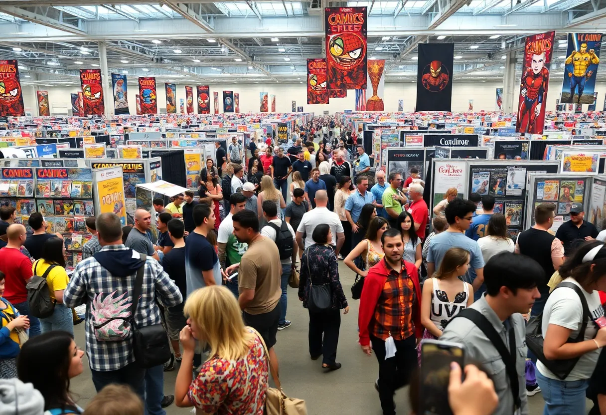A vibrant scene from Motor City Comic Con showcasing attendees in costumes and vendor booths.