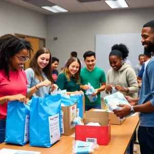 Students assembling hygiene kits for their community project at Mount Marty University.