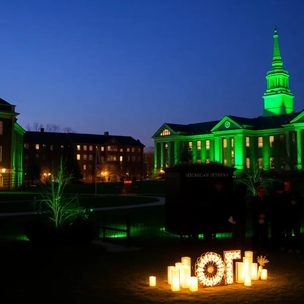 Michigan State University campus illuminated in green for memorial