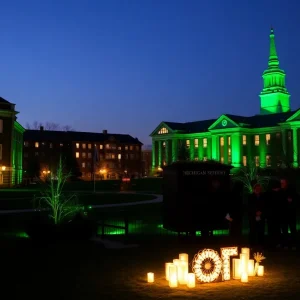 Michigan State University campus illuminated in green for memorial