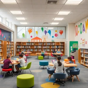 Revamped library at Newman Elementary School with students engaging in reading.