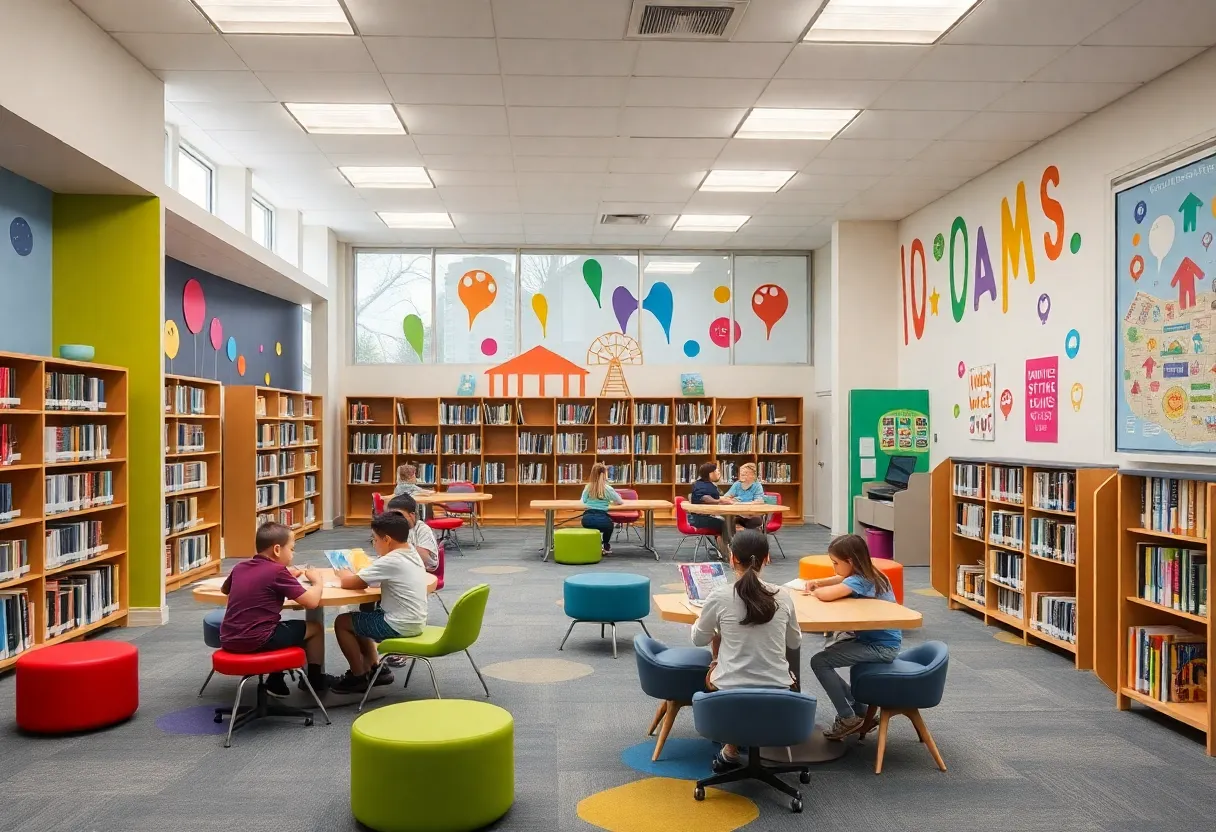 Revamped library at Newman Elementary School with students engaging in reading.