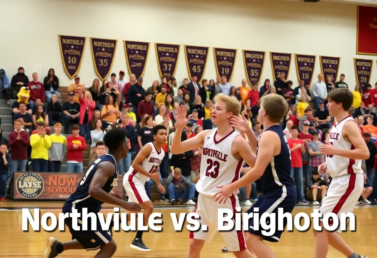 Northville High School girls basketball team competing against Brighton High School in an intense game.