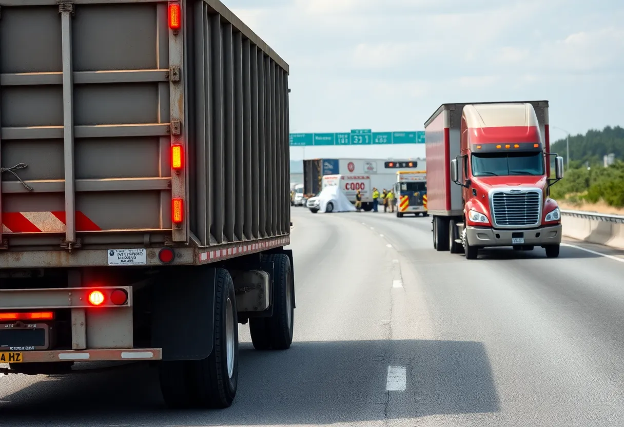 Accident scene on I-96 in Novi MI involving a semi truck and gravel hauler.