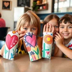 Colorful art sleeves designed by Novi elementary students for coffee cups