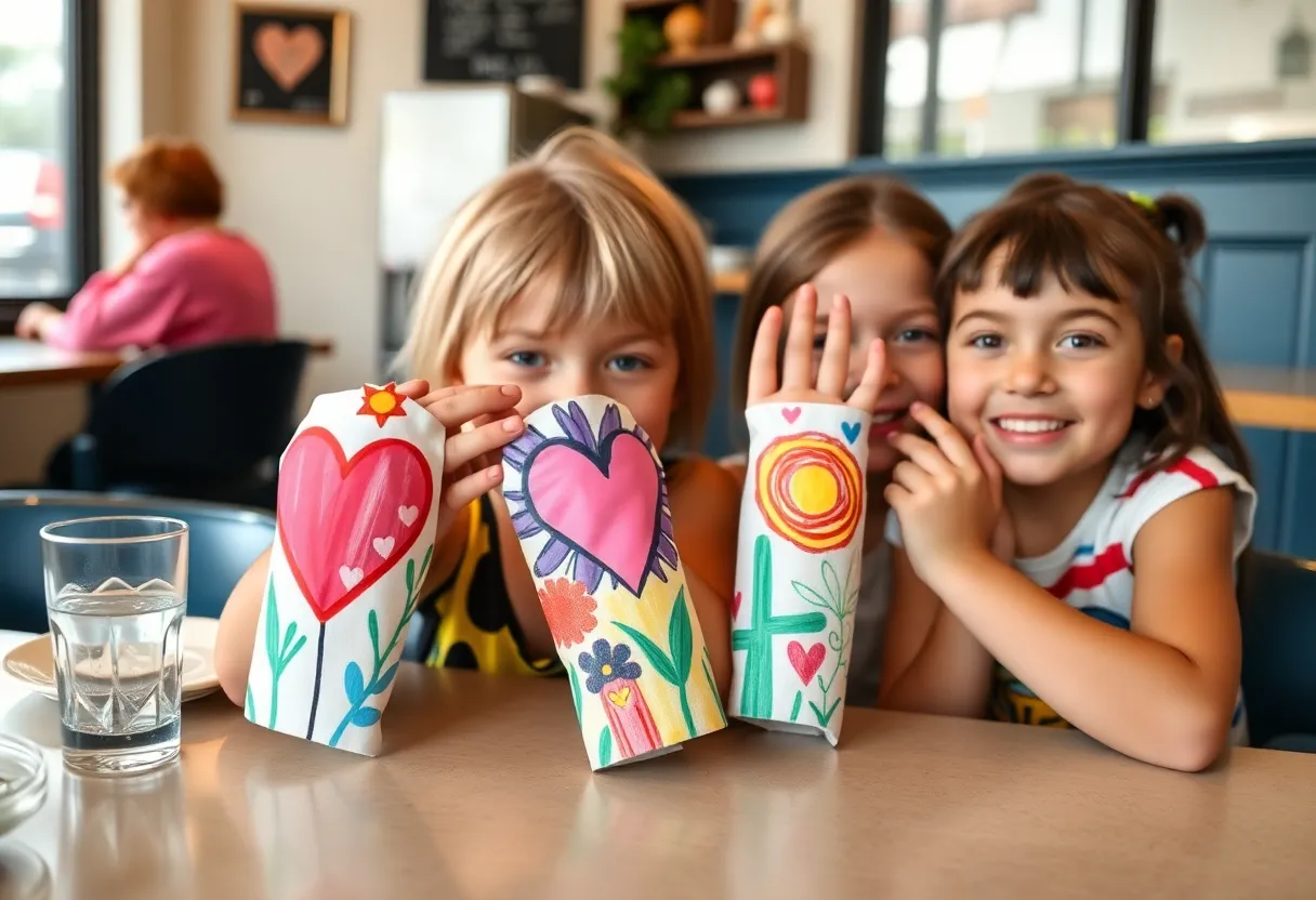 Colorful art sleeves designed by Novi elementary students for coffee cups
