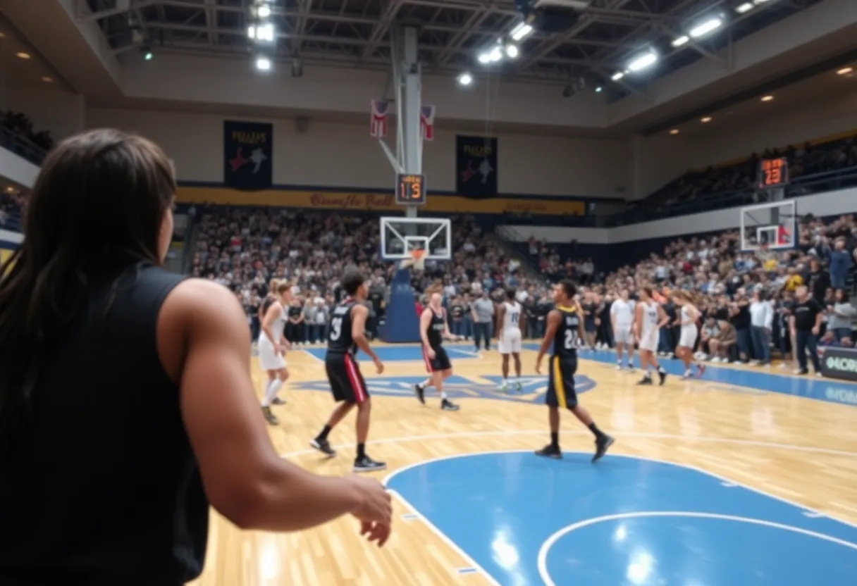An intense basketball game with teams competing on the court.