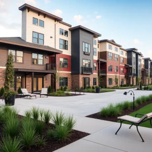 Supportive housing community for veterans with landscaped gardens and modern apartments.