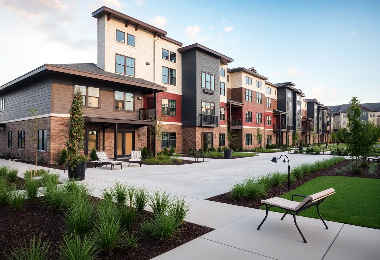 Supportive housing community for veterans with landscaped gardens and modern apartments.