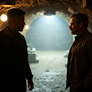 Dramatic scene from the Hulu series 'Paradise' featuring Sterling K. Brown and James Marsden.