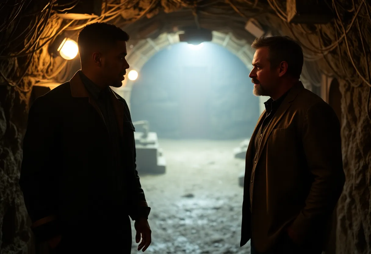 Dramatic scene from the Hulu series 'Paradise' featuring Sterling K. Brown and James Marsden.