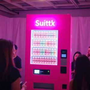 Hot pink vending machine filled with gut health soda at a Super Bowl watch party
