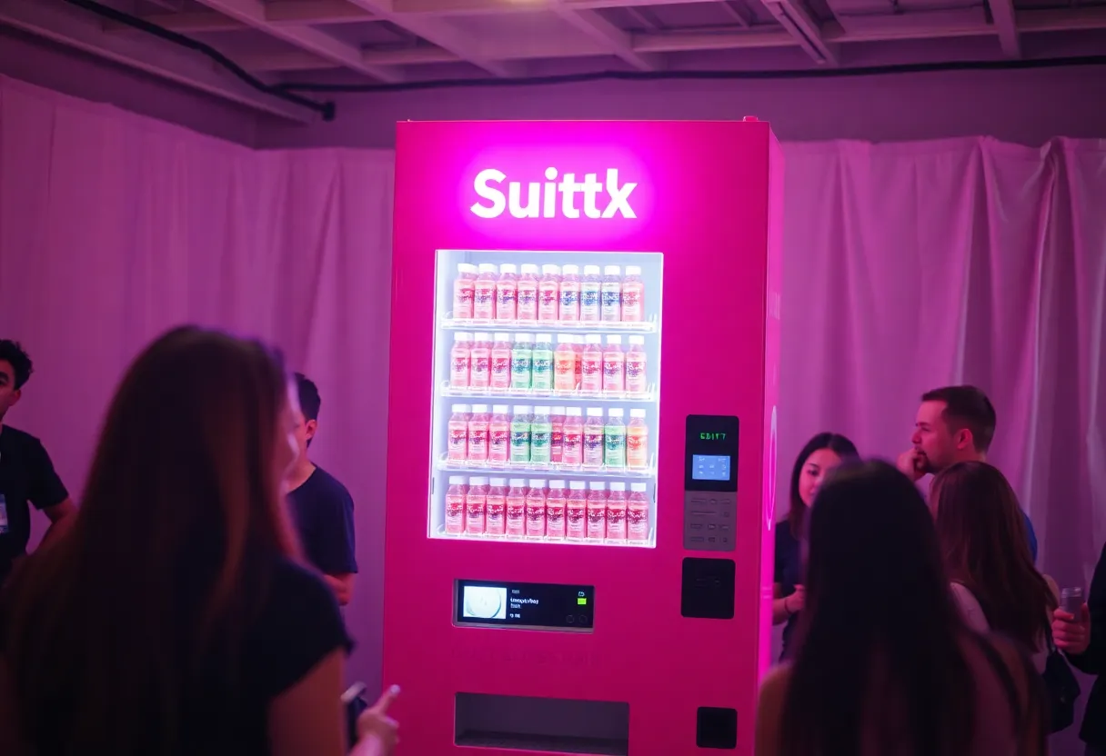 Hot pink vending machine filled with gut health soda at a Super Bowl watch party