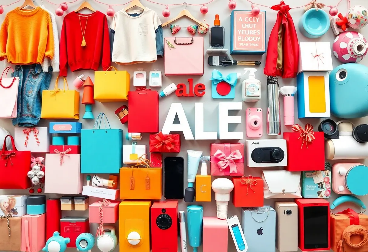 A variety of sale items including clothing, beauty products, kitchenware, and tech electronics displayed for Presidents Day weekend.