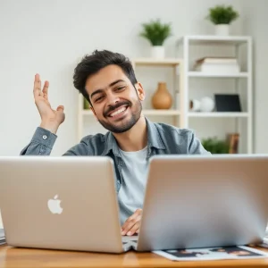 Small business owner enjoying easy marketing solutions