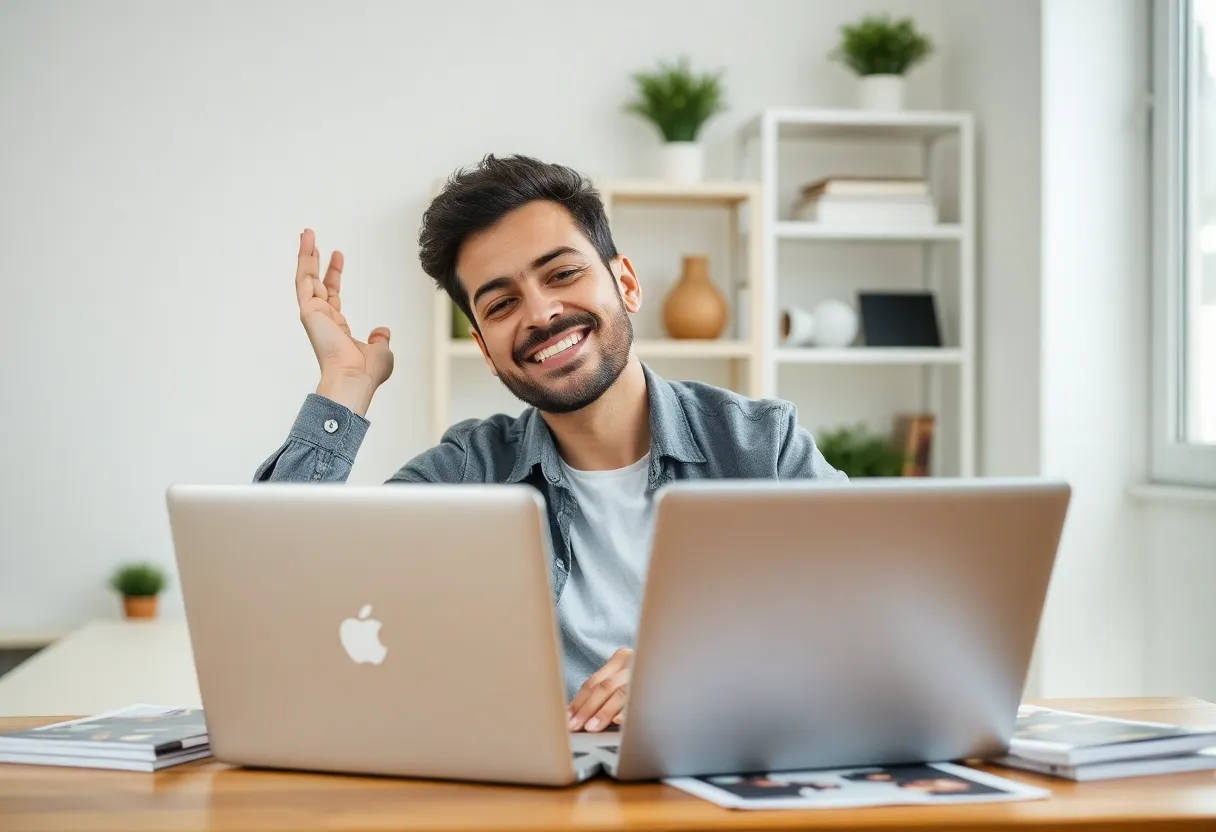 Small business owner enjoying easy marketing solutions